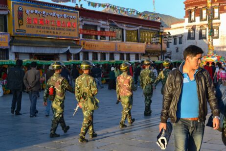 Chinese soldiers patrol on the streets of Lhasa, Tibet, Sep. 7, 2011. Credit: Mo Wu / Shutterstock.com